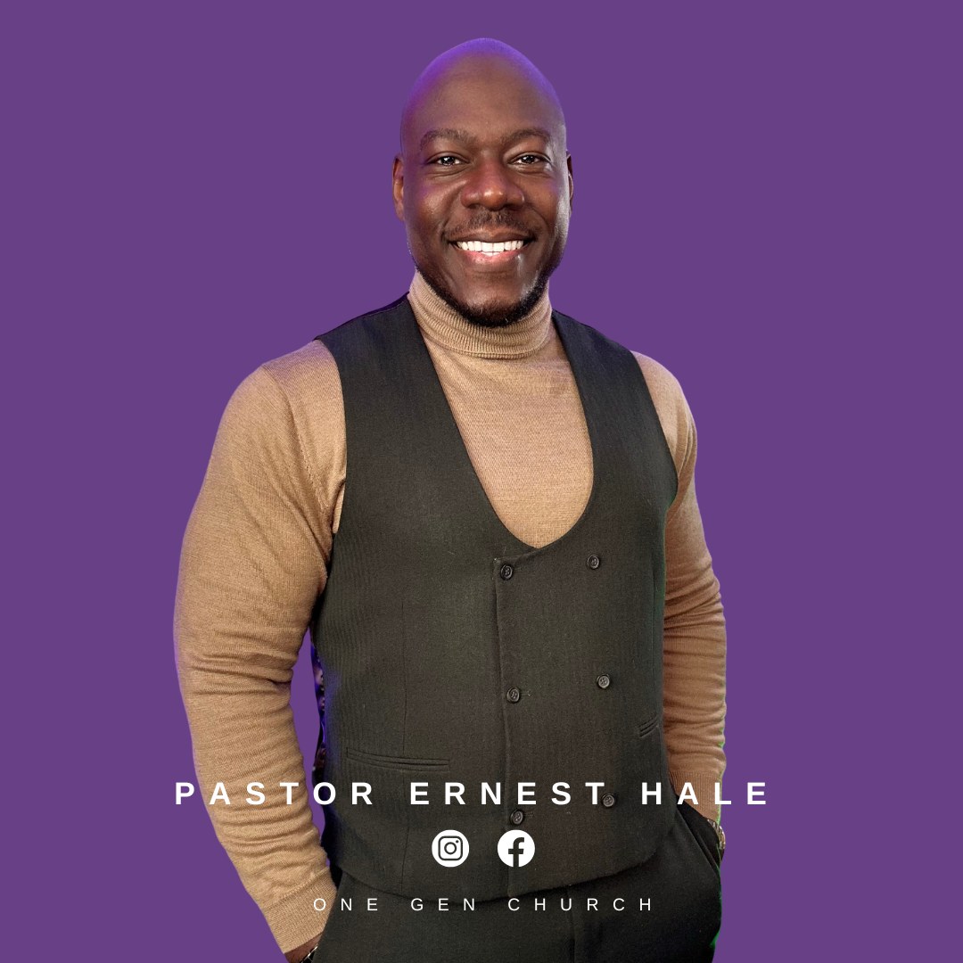 Pastor Ernest Hale photo card, black vest and tan turtleneck