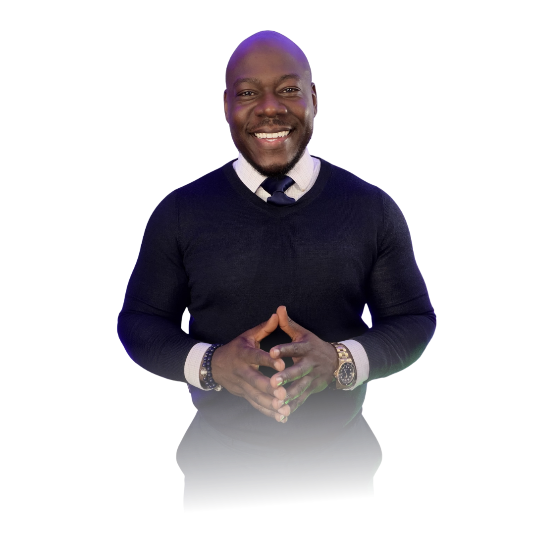 Pastor Ernest Hale in a navy sweater, approved cutout
