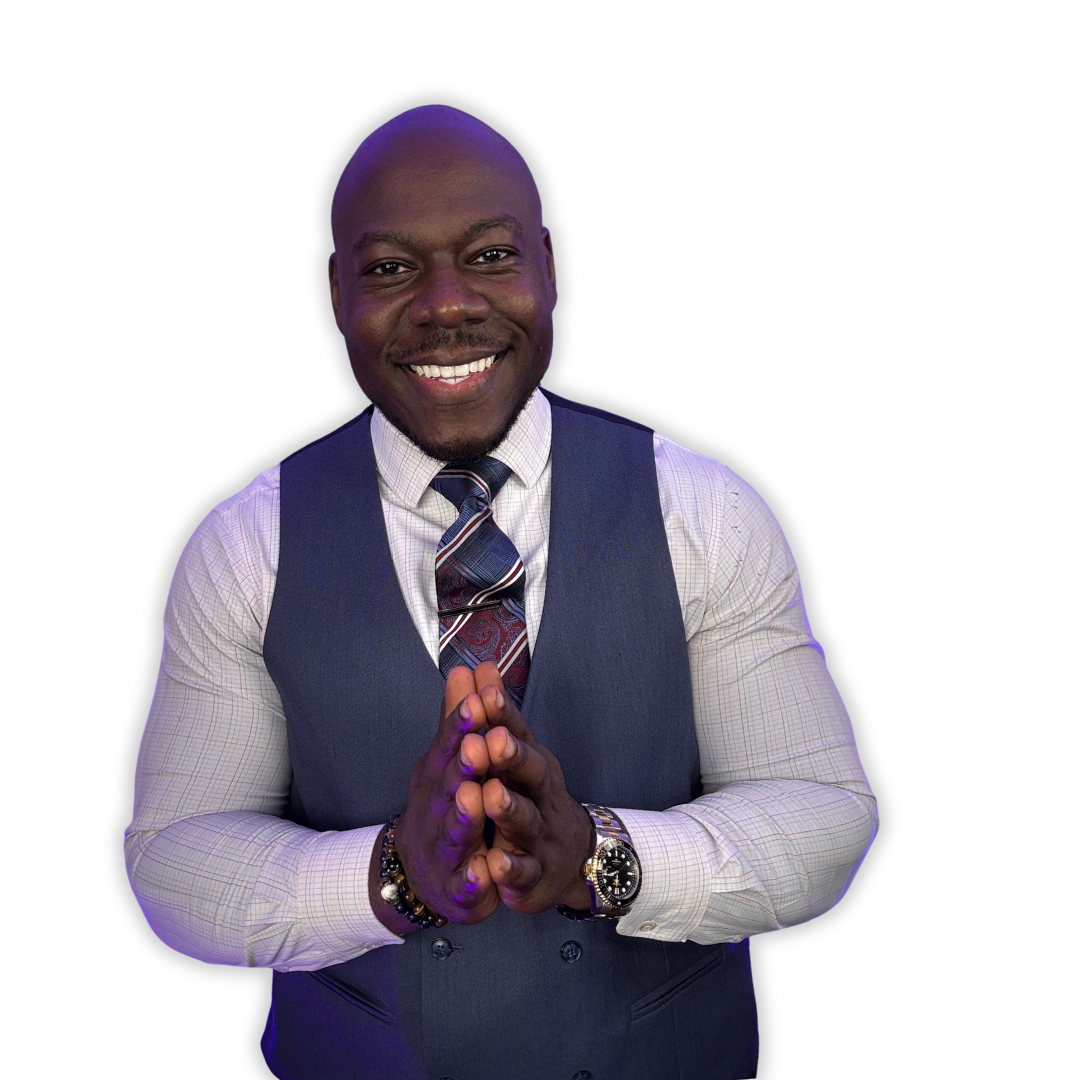 Pastor Ernest Hale in a vest with hands clasped, approved cutout