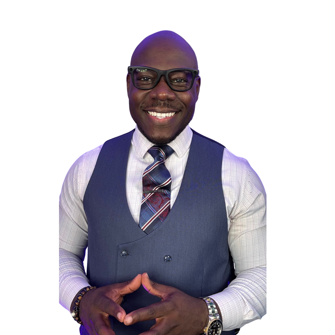 Pastor Ernest Hale in a vest and glasses smiling, approved cutout