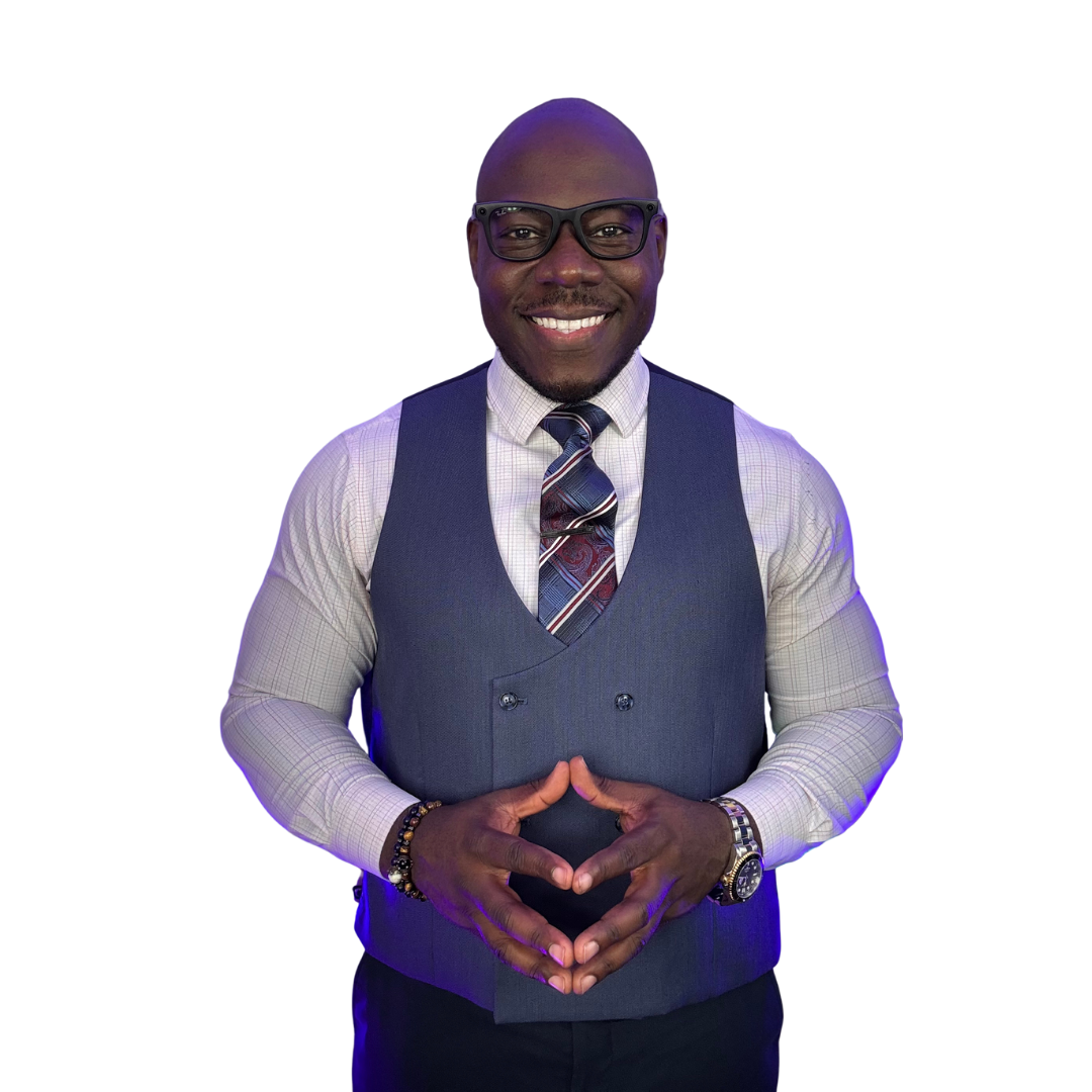Pastor Ernest Hale in a vest and glasses, hands steepled, approved cutout